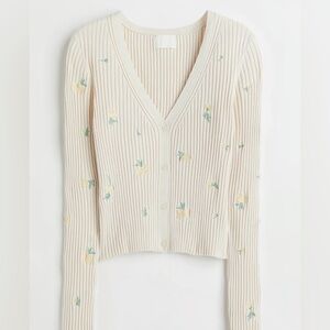 H&M Floral Embroidered V-Neck Sweater Cardigan - Cream